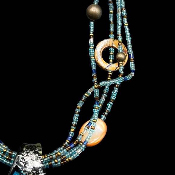 Glass Pendant Beaded Necklace Handmade Blue Green Fashion Jewelry Adjustable - Picture 3 of 7